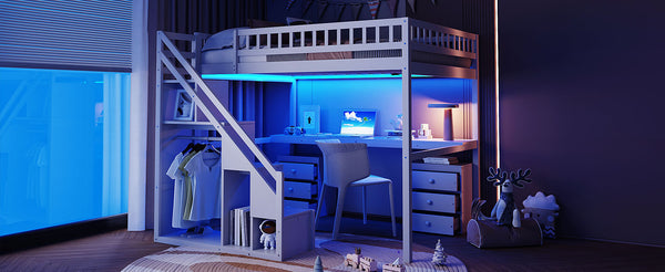 English Elm Full Size Loft Bed with Desk Drawers Led Strip and Staircase for Teen Rooms White LT000258AAK-1