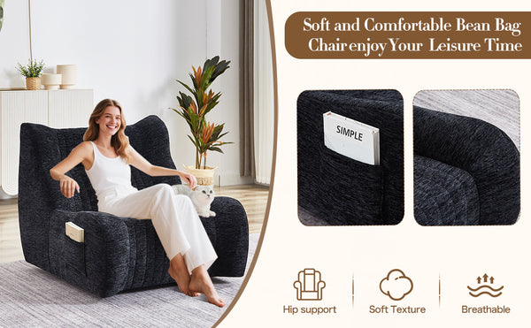 English Elm Bean Bean Bag Chair with Armrests Ergonomic Chenille Lounge Seat Filled with High-Resilience Sponge Black W3434P329809