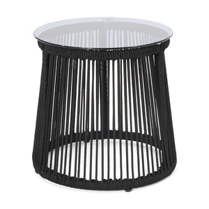 English Elm Christopher Knight Home® - MOONSTONE Modern Woven Rope Side Table with Tempered Glass Top, Black Iron Frame, Handcrafted Durable Chic 67842.00BLK