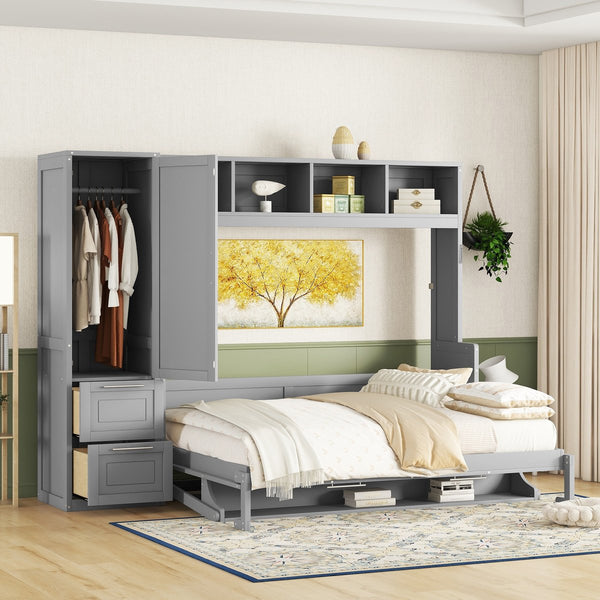 English Elm Queen Murphy Wall Bed with Integrated Wardrobe and Drawers for Studio or Guest Room Gray LP000793AAE-3