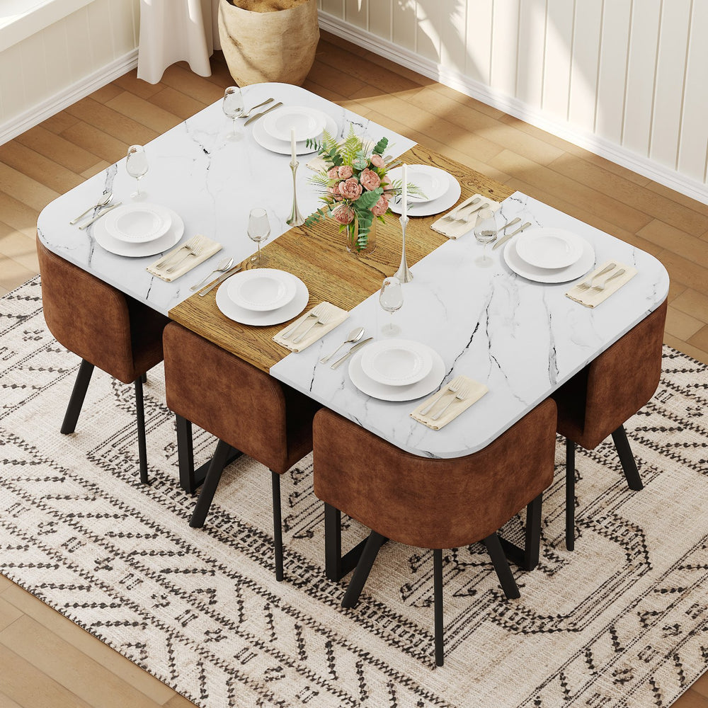 English Elm 7-piece Melamine Dining Set with Pu Cushioned Chairs and Iron Frame for Small Spaces W3875S00024