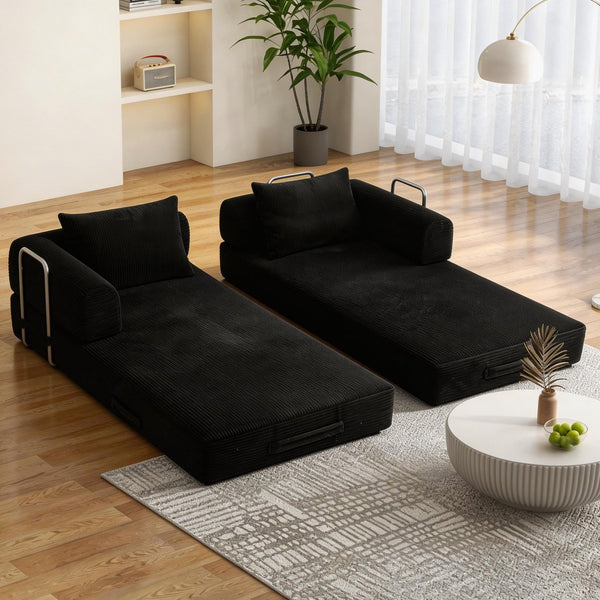 English Elm 78 Inch Corduroy Convertible Sofa Sleeper Futon with Foldable Armrests for Studio Rooms Black W5385P455023