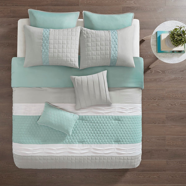 English Elm 8 Tinsley 8-Piece Comforter Set Seafoam Grey Queen — Ultra-Soft Microfiber, Pintuck Quilting, Decorative Pillows and Bedskirt Multicolor 22.05 L x 18.9 W x 13.78 H B03594916