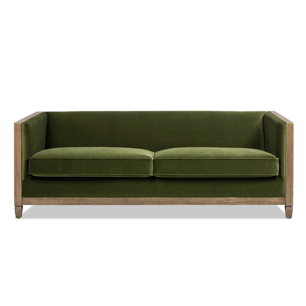 English Elm Jennifer Taylor Home - Georgia 81" Cane Rattan Tuxedo Sofa Olive Green Performance Velvet Solid Oak Frame Removable Cushions B2719P238322