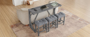 English Elm 59 Inch Bar Table Set with Power Outlet Rubberwood Frame and 3 Linen Stools Grey W2972P385254