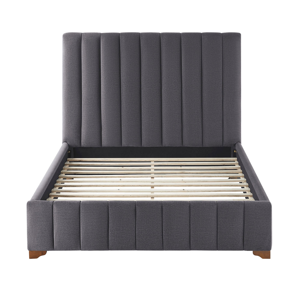English Elm Full Queen Platform Bed Wingback Upholstered Frame Channel Tufted Fabric Headboard W2582S00059