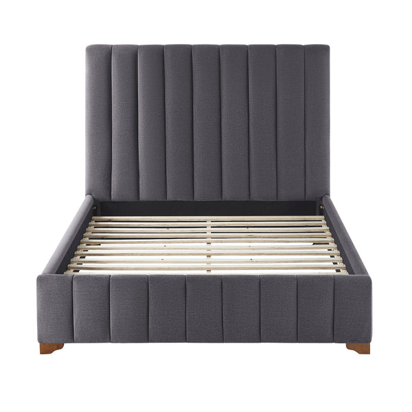 English Elm Full Queen Platform Bed Wingback Upholstered Frame Channel Tufted Fabric Headboard W2582S00059