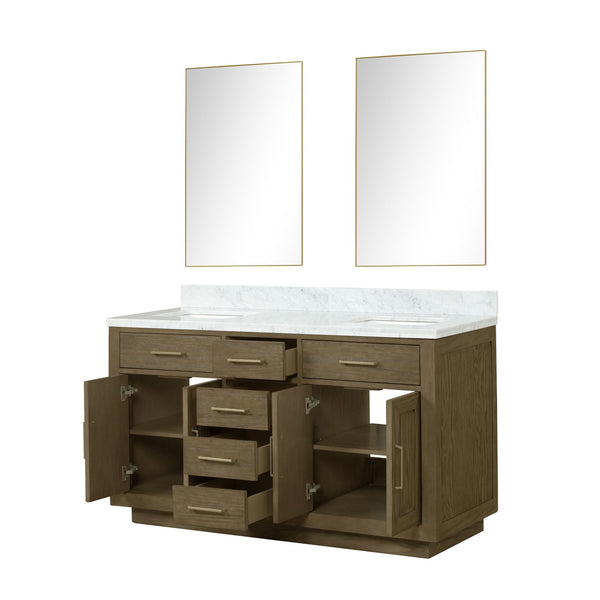 English Elm Grey Oak Double Bath Vanity With Carrara Marble Top & Two 28" Mirrors - Stylish Storage Solution! B2731S01534