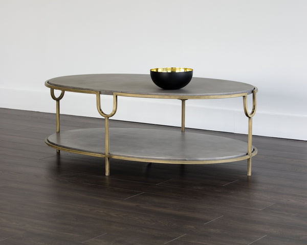 Sunpan Arya Coffee Table - Elegant Oval Design with Antique Brass Frame & Unique Concrete Top for Modern Spaces
