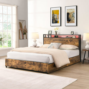 English Elm Queen Bed Frame with Storage Headboard, USB Charging, RGB LED App Control, Sturdy Noise-Free Design W2129P192349