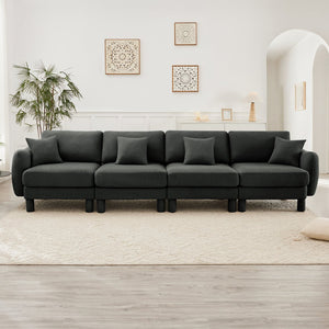 English Elm Boucle 4-Seater Sofa Couch With Sculptural Shell Armrests & Soft Dark Grey Fabric For Elegant Comfort W3041S00303