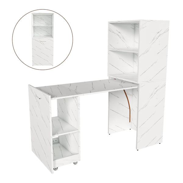 English Elm Stretchable expandable office desk with magnetic fold, lockable casters, adjustable shelves for storage and space-saving White Marble W509P355682