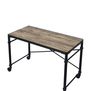 English Elm Oklarth Industrial Rustic Oak Writing Desk with Black Metal Frame, Nailhead Accent, Mobile Wheels B2726P265732