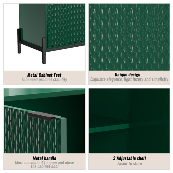 English Elm Modern Green High Gloss 3-Door Cabinet | Stylish Buffet Sideboard with Gold Handles & Sturdy Metal Legs T3609P333083