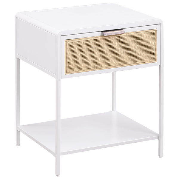 English Elm Duncan White 1-Drawer Nightstand with Radio Weave Cane Front, Black Steel Frame & Laminate Top B062P299872