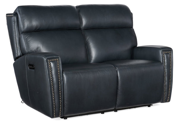 Hooker Furniture Ruthe Transitional Zero Gravity Power Recline Loveseat In Semi-Aniline Leather With Usb Port And Brass Nailhead Trim Medium Blue SS704-PHZ2-049