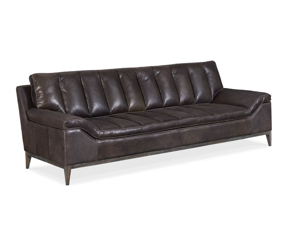 Hooker Furniture K&Or Debonair Graphite Leather Stationary Sofa With Vertical Channeling, Angular Arms & Dark Wood Base SS604-03-097