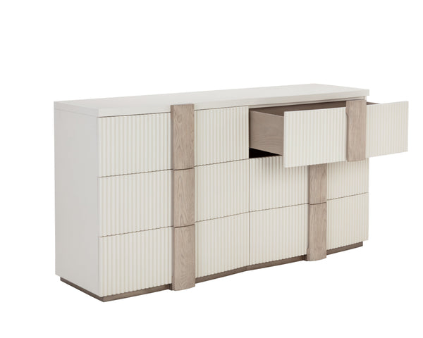 Sunpan Venetta Dresser: Spacious Cream Elegance with Light Oak Handles & Soft Closing Drawers for Any Room