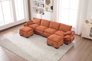 English Elm Sectional Modular Cloud Sofa Deep Corduroy Upholstered Comfort for Living Room Studio Orange W395S00135