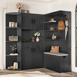 English Elm Multifunctional Modular Hall Tree Cabinet with Open Shelves and Hooks for Entryway Black W1580S00566