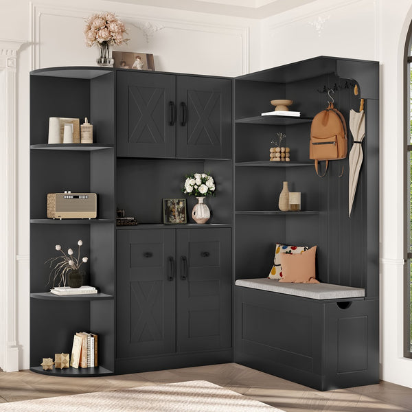 English Elm Multifunctional Modular Hall Tree Cabinet with Open Shelves and Hooks for Entryway Black W1580S00566