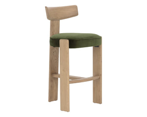 Sunpan HORTON Barstool - Rustic Oak Frame with Forest Green Upholstery for Modern Dining & Bar Spaces 112396