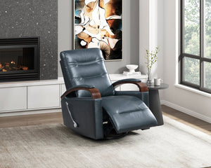 English Elm 1pc Swivel Gliding Recliner Faux Leather Upholstered with Solid Rubberwood Arms, Supportive Comfort and Smooth Motion Navy 34 L x 33 W x 27 H B011P329243