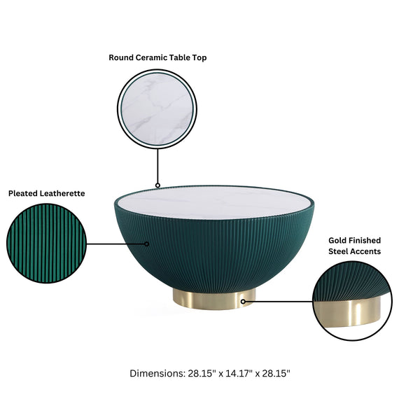 English Elm Anderson Coffee Table With Sintered Stone Top & Pleated Green Upholstery – Modern Elegance Unleashed! B365P398493