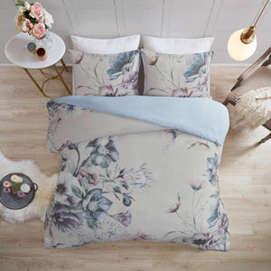 JLA Home Madison Park - 3 Piece Cotton Printed Duvet Cover Set with Large Floral Print, OEKO-TEX, Breathable Cottage Charm Blue MP12-7838