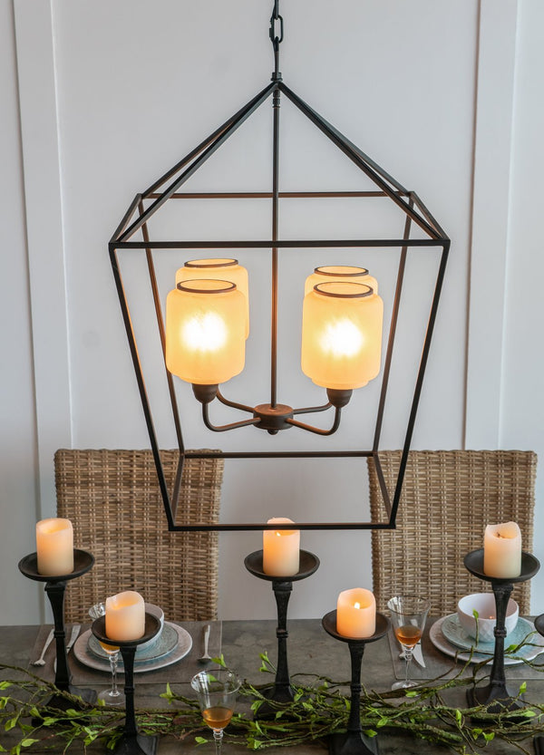 English Elm 21.7x21.7x33.5 Matte Black Iron Chandelier Square Glass Industrial Dining Foyer Light W2078P411228