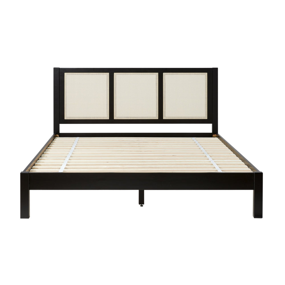 English Elm Walker Edison - Boho Solid Rubberwood Rattan Headboard Bedframe in Black — Platform Design, Coastal Modern Appeal Queen B185P326689