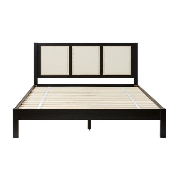 English Elm Walker Edison - Boho Solid Rubberwood Rattan Headboard Bedframe in Black — Platform Design, Coastal Modern Appeal Queen B185P326689