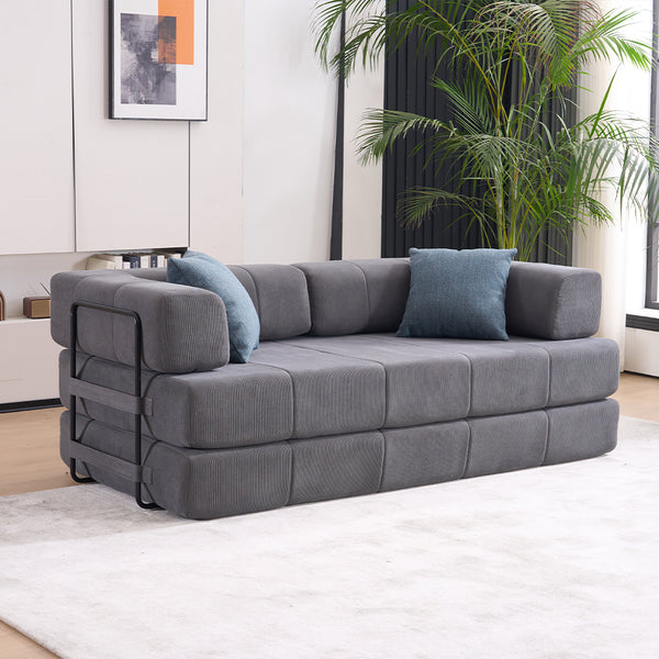 English Elm Folding Sofa Bed with Corduroy Cover, 78.5" Convertible Futon Couch, No-Assembly Foam Spring Mattress, Compact Sleeper for Living Room Grey W2915P276678