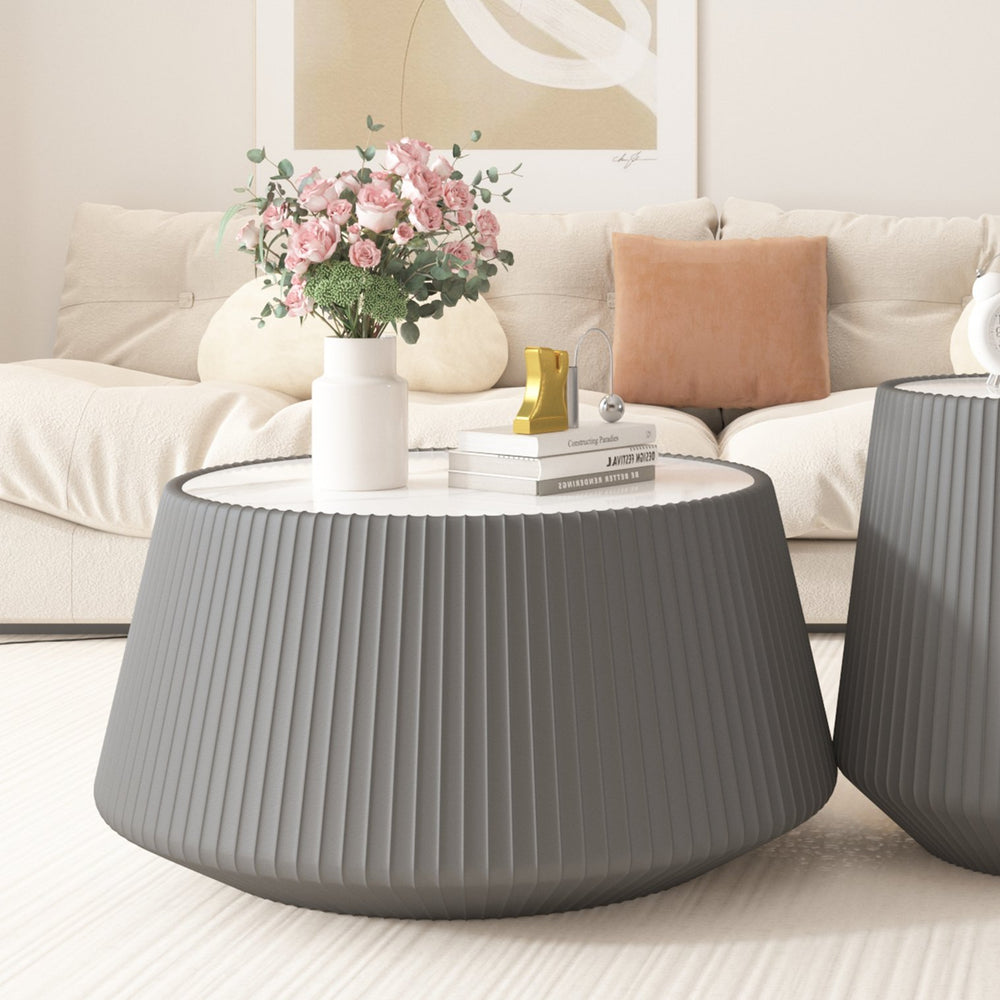 English Elm Light Sintered Stone Top Round Coffee Table with Sculpted Leather Base for Living Room Grey W3081P367592