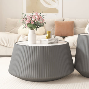 English Elm Light Sintered Stone Top Round Coffee Table with Sculpted Leather Base for Living Room Grey W3081P367592