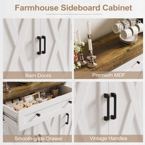 English Elm Buffet Sideboard 55 Inch Farmhouse Credenza with Barn Doors Drawer and Open Shelving White T5618P451110
