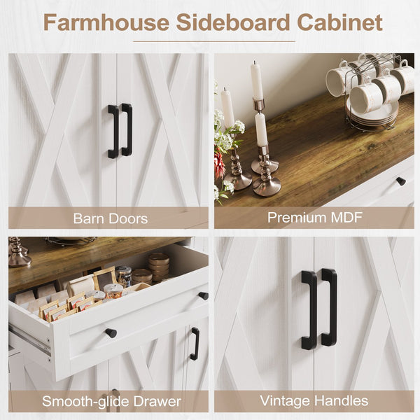 English Elm Buffet Sideboard 55 Inch Farmhouse Credenza with Barn Doors Drawer and Open Shelving White T5618P451110