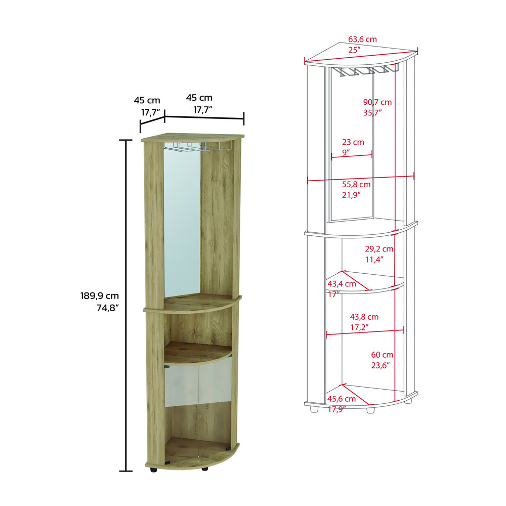 English Elm Chicago 75" Mirrored Corner Bar Cabinet Beige with Glass Doors, Stemware Rack, Mirror & Shelves B200P239804