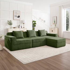 English Elm Modular 3-Seat L-Shape Sectional Sofa - Cloud-Like Comfort, Removable Pillows & Movable Ottoman, Green W3041S00332