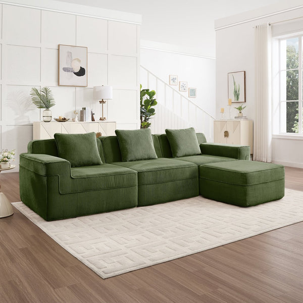 English Elm Modular 3-Seat L-Shape Sectional Sofa - Cloud-Like Comfort, Removable Pillows & Movable Ottoman, Green W3041S00332