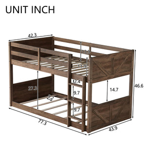 English Elm Twin Twin over Twin Floor Bunk Bed with Rustic Panel Headboards, Solid Rubberwood Frame, Space-Saving Design Antique Dark Oak W504P263818