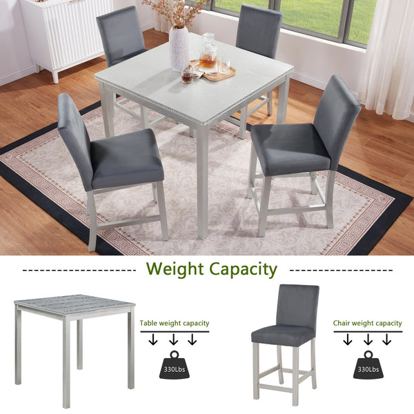English Elm 5 Piece Counter Height Table Set - Stylish Square Dining Table With 4 Upholstered Chairs, Silver Grey W1998S00070