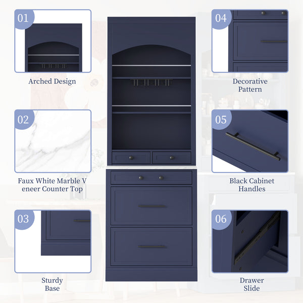 English Elm Topmax Freestanding Tall Pantry Cabinet Faux Marble Top 5 Drawers Modern Kitchen Hutch Blue N717S000075C