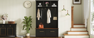 English Elm On-trend Entryway Hall Tree with Gold Hooks Bench Drawers and Shoe Cabinet Storage Black N721S000056B-1
