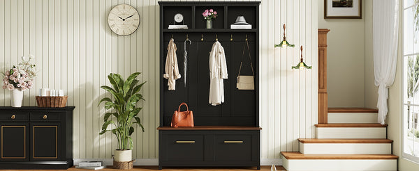 English Elm On-trend Entryway Hall Tree with Gold Hooks Bench Drawers and Shoe Cabinet Storage Black N721S000056B-1