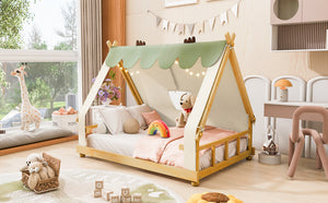 English Elm Twin Cabin Bed with Detachable Tent Skylight and Woodland Deer Antler Accents White N708P356717K
