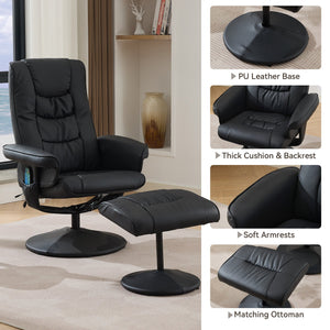 English Elm 015-Recliner Ergonomic Swivel Massage Chair with Ottoman, Heated 5-Point Vibration, 140° PU Recliner Black W2636P262445