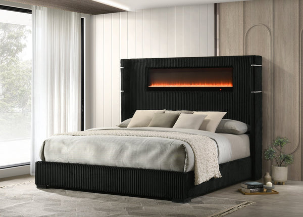 English Elm Garner Corduroy Upholstered Queen Bed with Fireplace Led Lighting and Bluetooth Speaker B2756S00002