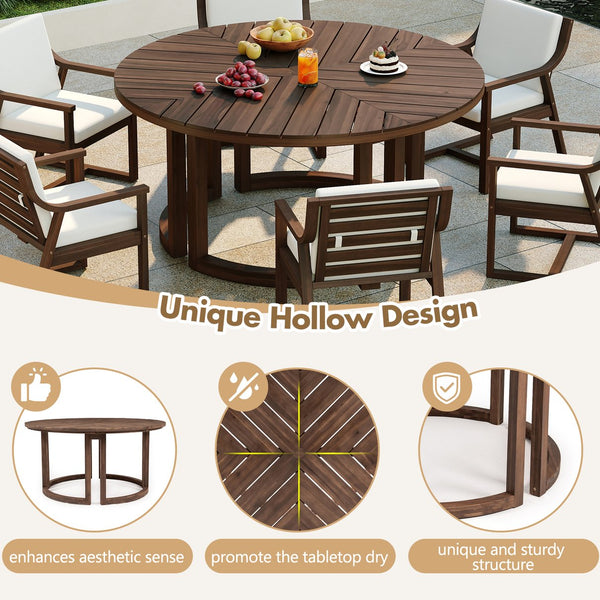 English Elm Trexm Round Acacia Outdoor Dining Table Seats Six with Umbrella Hole Slatted Top Mocha N715P404283P