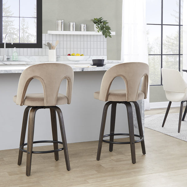 English Elm Fixed-height Swivel Counterstools Velvet Seat Walnut Bentwood Legs Set of Two B202S01794